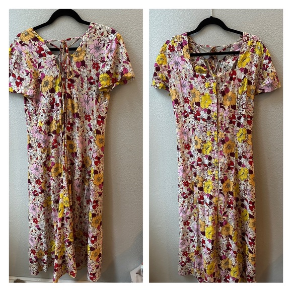 Sacred Hawk ASOS lace up back in floral midi tea dress womens M - Picture 3 of 9